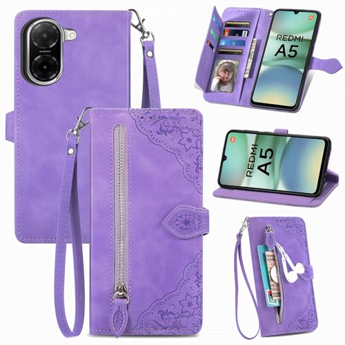 Fertuo Hülle für Xiaomi Redmi A5, PU Leder Handyhülle klappbar Flip Case Tasche mit Kartenfach, Magnet, Ständer und Handschlaufe [Blumen Muster] Schutzhülle Stoßfest für Xiaomi Redmi A5, Lila von Fertuo