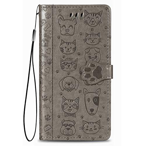 Fertuo Hülle für Xiaomi Redmi Note 13 4G, Handyhülle Leder Flip Case Tasche mit Kartenfach, Magnet und Standfunktion [Katze Hund Muster] Schutzhülle Cover für Xiaomi Redmi Note 13 4G, Grau von Fertuo