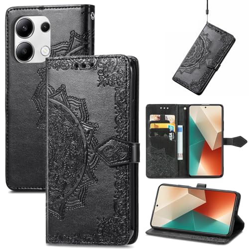 Fertuo Hülle für Xiaomi Redmi Note 13 4G, Handyhülle Leder Flip Case Tasche mit Kartenfach, Magnet und Standfunktion [Mandala Muster] Handy Schutzhülle Ledertasche für Redmi Note 13 4G, Schwarz von Fertuo