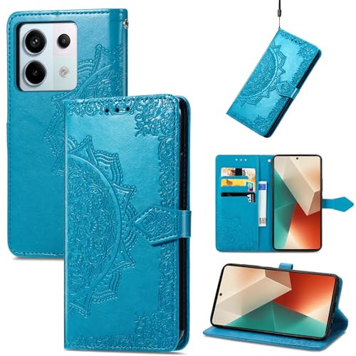 Fertuo Hülle für Xiaomi Redmi Note 13 Pro 5G / Poco X6 5G, Handyhülle Leder Flip Case Tasche mit Kartenfach, Magnet und Standfunktion [Mandala Muster] Schutzhülle Ledertasche für Poco X6 5G, Blau von Fertuo