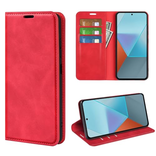 Fertuo Hülle für Xiaomi Redmi Note 13 Pro 5G / Poco X6 5G, Handyhülle Leder Flip Case Tasche mit Kartenfach, Magnetverschluss, Silikon Innenschale Schutzhülle Cover Lederhülle für Poco X6 5G, Rot von Fertuo