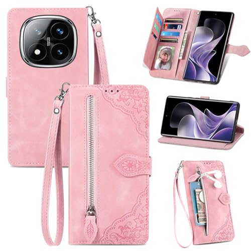 Fertuo Hülle für Xiaomi Redmi Note 14 Pro 5G / Poco X7, PU Leder Handyhülle klappbar Flip Case Tasche mit Kartenfach, Magnet, Ständer und Handschlaufe [Blumen Muster] Schutzhülle Stoßfest, Rosa von Fertuo