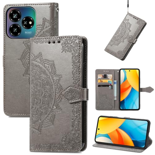 Fertuo Hülle für ZTE Blade V60 Vita, Handyhülle Leder Flip Case Tasche mit Kartenfach, Magnet und Standfunktion [Mandala Muster] Handy Schutzhülle Ledertasche für ZTE Blade V60 Vita, Grau von Fertuo