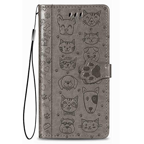 Fertuo Hülle für iPhone 12 Mini, Handyhülle Leder Flip Case Tasche mit Kartenfach, Magnet und Standfunktion [Katze Hund Muster] Schutzhülle Wallet Cover für Apple iPhone 12 Mini, Grau von Fertuo