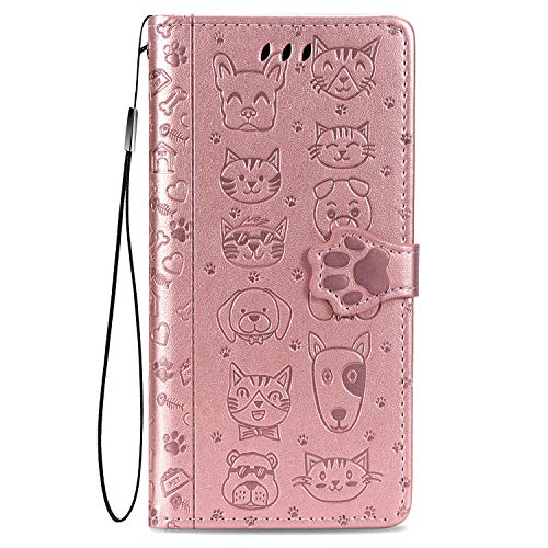 Fertuo Hülle für iPhone 12 Pro, Handyhülle Leder Flip Case Tasche mit Kartenfach, Magnet und Standfunktion [Katze Hund Muster] Schutzhülle Cover für Apple iPhone 12 Pro, Rosegold von Fertuo