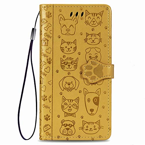 Fertuo Hülle für iPhone SE 2022/2020, Handyhülle Leder Flip Case Tasche mit Kartenfach, Magnet und Standfunktion [Katze Hund Muster] Schutzhülle Cover für Apple iPhone SE 2020/8 / 7, Gelb von Fertuo