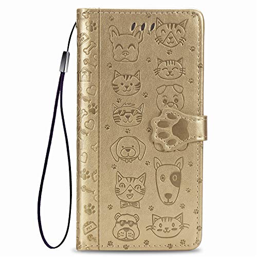 Fertuo Hülle für iPhone SE 2022/2020, Handyhülle Leder Flip Case Tasche mit Kartenfach, Magnet und Standfunktion [Katze Hund Muster] Schutzhülle Cover für Apple iPhone SE 2020/8 / 7, Gold von Fertuo