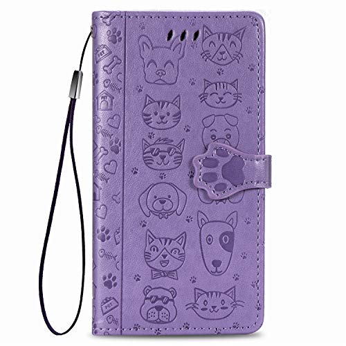 Fertuo Hülle für iPhone SE 2022/2020, Handyhülle Leder Flip Case Tasche mit Kartenfach, Magnet und Standfunktion [Katze Hund Muster] Schutzhülle Cover für Apple iPhone SE 2020/8 / 7, Lila von Fertuo