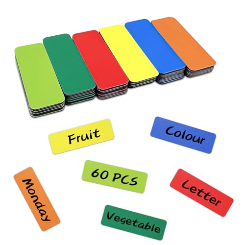 Fervalyna 60 Stück Magnetstreifen Beschreibbar, 6 Farben Beschreibbare Magnete Whiteboard Zubehör, Wiederverwendbar Magnet Streifen, Magnetschilder zum Beschriften, Abwischbare Magnetschild (60x20 mm) von Fervalyna
