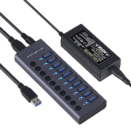 985A Hub USB 3.0 mit 10 Ports Hub Splitter USB Doing Station USB 300MB/s Hochgeschwindigkeitsübertragung mit einzelnen Schaltern Netzteil 12V 5A für Laptop PC Smartphone von Fesjoy