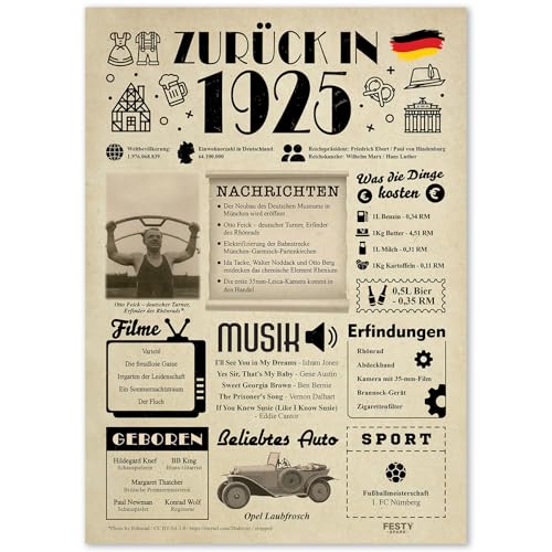 Geschenke zum 100. Geburtstag Frau - Geburtstagsgeschenk für Männer 100 - Schöne Geburtstagskarte 100 Frau und Mann - Geburtstagsdekoration 100. Geburtstag Männer und Frauen - Karte 1925 von FestySpark