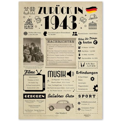 Geschenke zum 82. Geburtstag Frau - Geburtstagsgeschenk für Männer 82 - Schöne Geburtstagskarte 82 Frau und Mann - Geburtstagsdekoration 82. Geburtstag Männer und Frauen - Karte 1943 von FestySpark