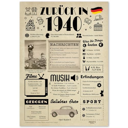 Geschenke zum 85. Geburtstag Frau - Geburtstagsgeschenk für Männer 85 - Schöne Geburtstagskarte 85 Frau und Mann - Geburtstagsdekoration 85. Geburtstag Männer und Frauen - Karte 1940 von FestySpark