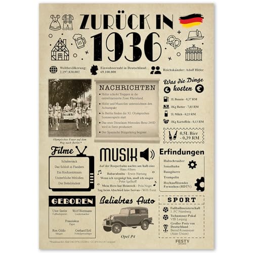 Geschenke zum 89. Geburtstag Frau - Geburtstagsgeschenk für Männer 89 - Schöne Geburtstagskarte 89 Frau und Mann - Geburtstagsdekoration 89. Geburtstag Männer und Frauen - Karte 1936 von FestySpark
