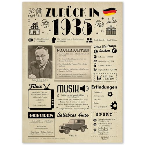 Geschenke zum 90. Geburtstag Frau - Geburtstagsgeschenk für Männer 90 - Schöne Geburtstagskarte 90 Frau und Mann - Geburtstagsdekoration 90. Geburtstag Männer und Frauen - Karte 1935 von FestySpark