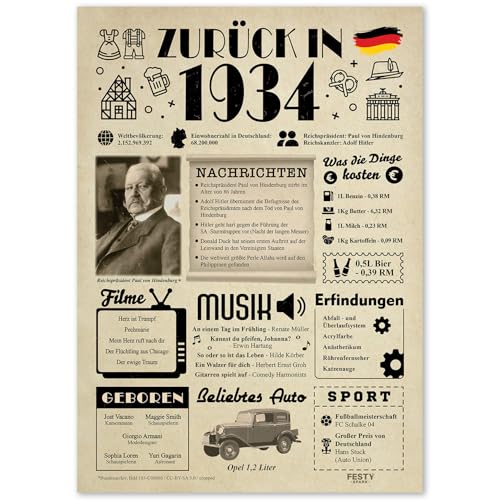Geschenke zum 91. Geburtstag Frau - Geburtstagsgeschenk für Männer 91 - Schöne Geburtstagskarte 91 Frau und Mann - Geburtstagsdekoration 91. Geburtstag Männer und Frauen - Karte 1934 von FestySpark