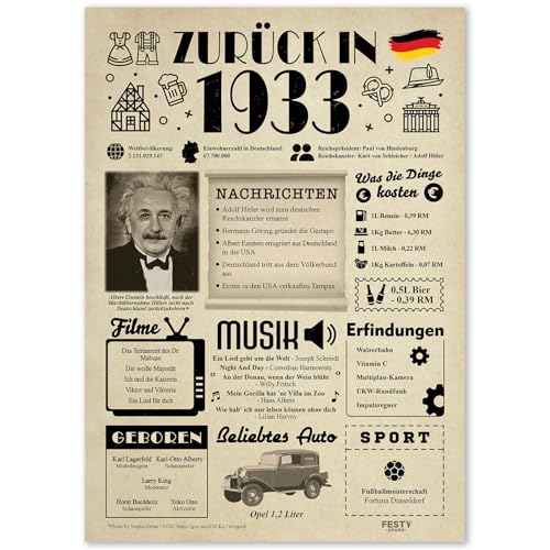 Geschenke zum 92. Geburtstag Frau - Geburtstagsgeschenk für Männer 92 - Schöne Geburtstagskarte 92 Frau und Mann - Geburtstagsdekoration 92. Geburtstag Männer und Frauen - Karte 1933 von FestySpark