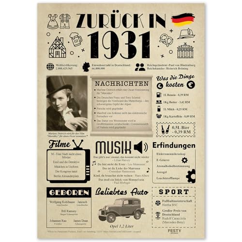 Geschenke zum 94. Geburtstag Frau - Geburtstagsgeschenk für Männer 94 - Schöne Geburtstagskarte 94 Frau und Mann - Geburtstagsdekoration 94. Geburtstag Männer und Frauen - Karte 1931 von FestySpark
