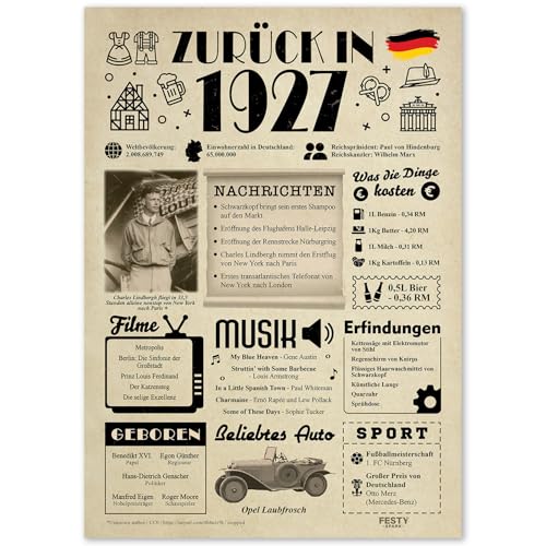Geschenke zum 98. Geburtstag Frau - Geburtstagsgeschenk für Männer 98 - Schöne Geburtstagskarte 98 Frau und Mann - Geburtstagsdekoration 98. Geburtstag Männer und Frauen - Karte 1927 von FestySpark