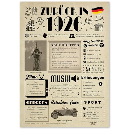 Geschenke zum 99. Geburtstag Frau - Geburtstagsgeschenk für Männer 99 - Schöne Geburtstagskarte 99 Frau und Mann - Geburtstagsdekoration 99. Geburtstag Männer und Frauen - Karte 1926 von FestySpark