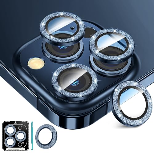 Fewdew [3+1 Kameraschutz für iPhone 15 Pro/iPhone 15 Pro Max,9H Gehärtetem Glas [HD-Klarheit] [Anti Kratzen] Kamera Schutzfolie, Individuell Metallring Kamera Panzerglas,Blau Glitzer von Fewdew