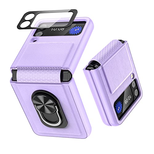 Fewdew Hülle für Samsung Galaxy Z Flip 3,[Scharnierschutz] [Kamera Linse Schutzfolie] mit 360 Grad drehbarer Ringhalter Premium Leder Schutzhülle für Galaxy Z Flip 3 5G 2021(Violett) von Fewdew