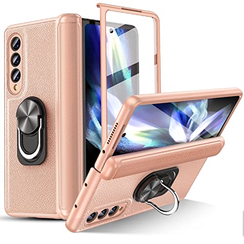 Fewdew Hülle für Samsung Galaxy Z Fold 3, [Scharnierschutz] [Displayschutzfolie aus gehärtetem Glas] mit 360 Grad drehbarer Ringhalter,Premium Leder Schutzhülle (Roségold) von Fewdew