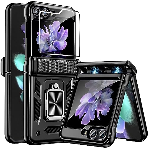 Fewdew für Samsung Galaxy Z Flip 5 Hülle,Z Flip 5 Handyhülle mit Scharnierschutz & Schutzfolie für Frontdisplay,360° Magnetisch Ring Ständer,Schutz in Militärqualität Stoßfest Case Cover,Schwarz von Fewdew