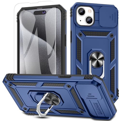 Fewdew für iPhone 15 Plus Hülle,Handyhülle iPhone 15 Plus mit Schutzfolie,Kameraschutz mit Slide Camera & 360°Ring Ständer,Schutz in Militärqualität Stoßfest Case Cover für iPhone 15 Plus 2023,Blau von Fewdew