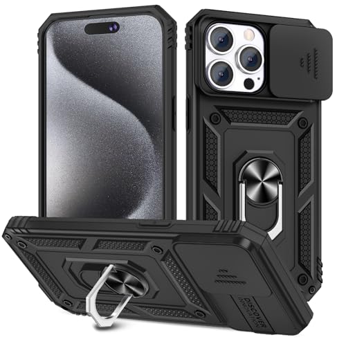 Fewdew für iPhone 15 Pro Max Hülle,Handyhülle iPhone 15 Pro Max Kameraschutz mit Slide Camera & 360°Magnetisch Ring Ständer,Schutz in Militärqualität Stoßfest Case Cover für iPhone 15 Pro Max,Schwarz von Fewdew