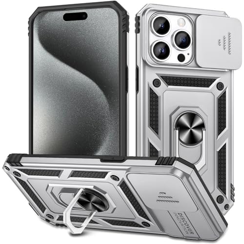 Fewdew für iPhone 15 Pro Max Hülle,Handyhülle iPhone 15 Pro Max Kameraschutz mit Slide Camera & 360°Magnetisch Ring Ständer,Schutz in Militärqualität Stoßfest Case Cover für iPhone 15 Pro Max,Grau von Fewdew