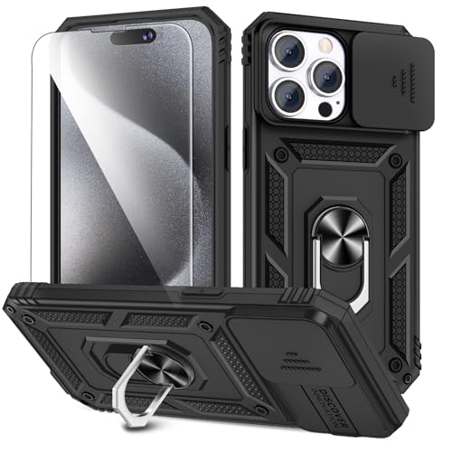 Fewdew für iPhone 15 Pro Max Hülle,Handyhülle iPhone 15 Pro Max mit Schutzfolie,Kameraschutz mit Slide Camera & 360°Ring Ständer,Schutz in Militärqualität Stoßfest Case für iPhone 15 Pro Max,Schwarz von Fewdew