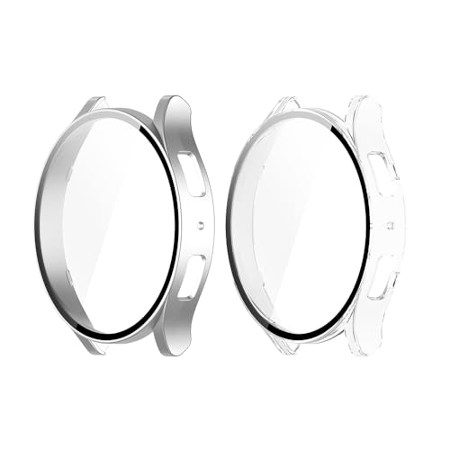 Feysentoe Pack of 2 Hülle mit Glas Displayschutz Kompatibel mit Samsung Galaxy Watch 6 Schutz Case Schutzhülle.(Silber+transparent)(44mm) von Feysentoe