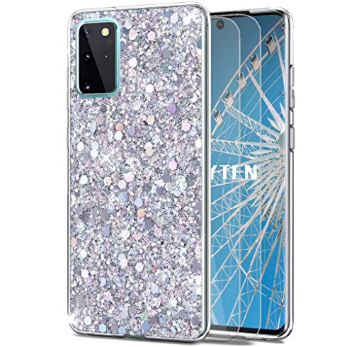 Feyten Kompatibel Samsung Galaxy S20 Plus Hülle mit HD-Schutzfolie [2 Stück], Bling Glänzend Glitzer Weich TPU Silikon Etui Cover Schale Schutzhülle für Samsung Galaxy S20 Plus (Silber) von Feyten