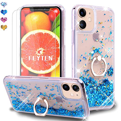 Feyten Kompatibel iPhone 11 (6,1 Zoll) Hülle mit Displayschutz [2 Stück], Glitzer Flüssig Treibsand Fließend Glitter Quicksand Schutzhülle Handyhülle mit Ring 360 Grad Ständer (Blau) von Feyten