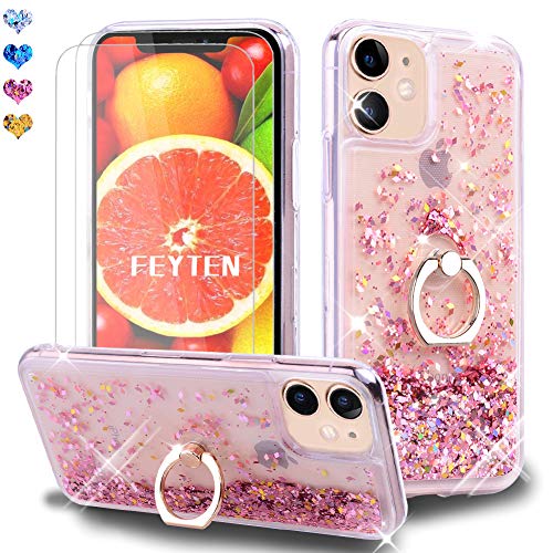 Feyten Kompatibel iPhone 11 (6,1 Zoll) Hülle mit Displayschutz [2 Stück], Glitzer Flüssig Treibsand Fließend Glitter Quicksand Schutzhülle Handyhülle mit Ring 360 Grad Ständer (Roségold) von Feyten