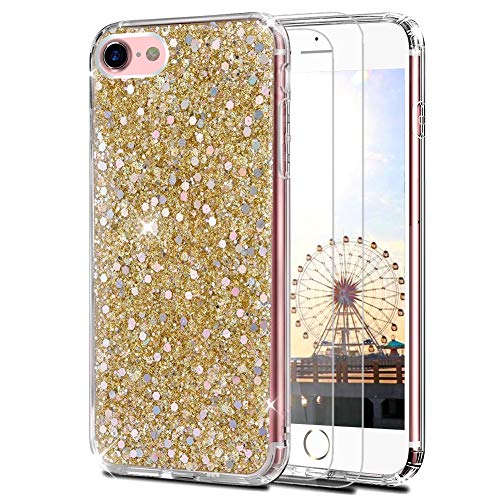 Feyten Kompatibel iPhone SE (2020) Hülle mit Displayschutz [2 Stück], Bling Glänzend Glitzer Weich TPU Silikon Etui Cover Schale Schutzhülle für iPhone SE (2020) 4,7 Zoll (Gold) von Feyten