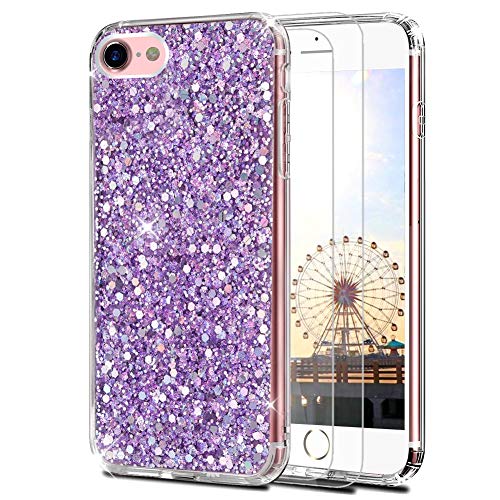Feyten Kompatibel iPhone SE (2020) Hülle mit Displayschutz [2 Stück], Bling Glänzend Glitzer Weich TPU Silikon Etui Cover Schale Schutzhülle für iPhone SE (2020) 4,7 Zoll (Lila) von Feyten
