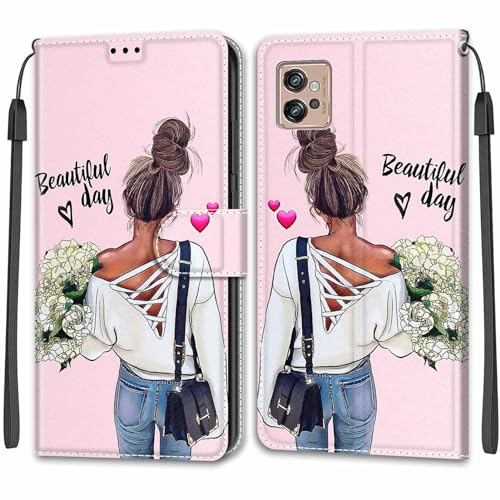 Feyten Kompatibel mit Motorola Moto G32 Hülle, Handyhülle Moto G32, Handytasche PU Leder Klappbar Schutzhülle Wallet Kartenfach Magnet Klapphülle Case Cover (Mädchen) von Feyten
