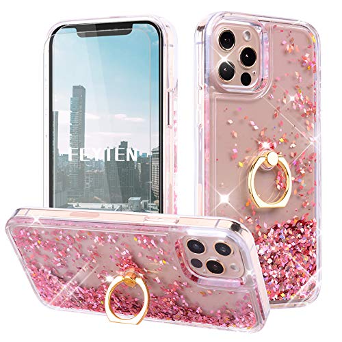 Feyten Kompatibel mit iPhone 12/iPhone 12 Pro Hülle (6,1 Zoll) mit Displayschutz [2 Stück],Glitzer Flüssig Treibsand Fließend Glitter Quicksand Schutzhülle Handyhülle mit Ring 360 Grad Ständer(Rosa) von Feyten