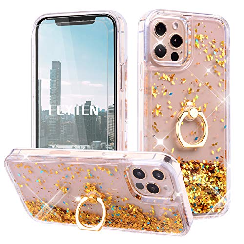 Feyten Kompatibel mit iPhone 12/iPhone 12 Pro Hülle (6,1 Zoll) mit Displayschutz [2 Stück],Glitzer Flüssig Treibsand Fließend Glitter Quicksand Schutzhülle Handyhülle mit Ring 360 Grad Ständer(Gold) von Feyten