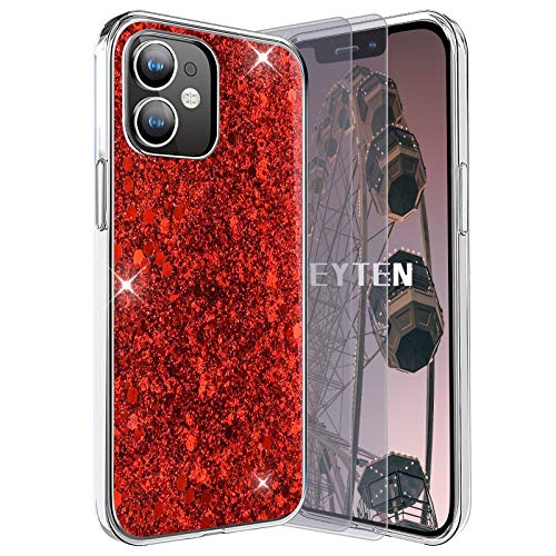 Feyten Kompatibel mit iPhone 12 Mini Hülle mit Displayschutz [2 Stück],Bling Glänzend Glitzer Weich TPU Silikon Etui Cover Slim Case Schale Schutzhülle für iPhone 12 Mini (5,4 Zoll) (Rot) von Feyten