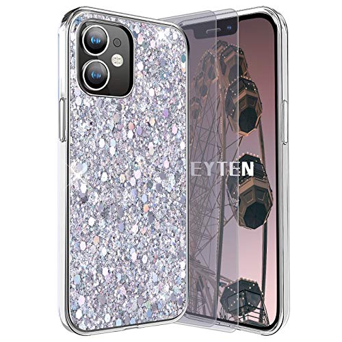 Feyten Kompatibel mit iPhone 12 Mini Hülle mit Displayschutz [2 Stück],Bling Glänzend Glitzer Weich TPU Silikon Etui Cover Slim Case Schale Schutzhülle für iPhone 12 Mini (5,4 Zoll) (Silber) von Feyten
