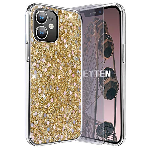 Feyten Kompatibel mit iPhone 13 Hülle mit Displayschutz [2 Stück],Bling Glänzend Glitzer Weich TPU Silikon Etui Cover Slim Case Schale Schutzhülle für iPhone 13 Hülle 6,1 Zoll (Gold) von Feyten