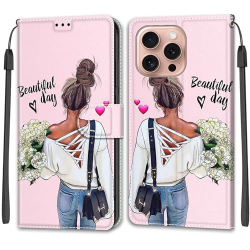 Feyten Kompatibel mit iPhone 16 Pro Hülle, Handyhülle iPhone 16 Pro, Handytasche PU Leder Klappbar Schutzhülle Wallet Kartenfach Magnet Klapphülle Case Cover (Mädchen) von Feyten
