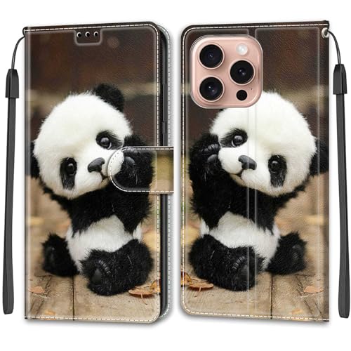 Feyten Kompatibel mit iPhone 16 Pro Hülle, Handyhülle iPhone 16 Pro, Handytasche PU Leder Klappbar Schutzhülle Wallet Kartenfach Magnet Klapphülle Case Cover (Panda) von Feyten