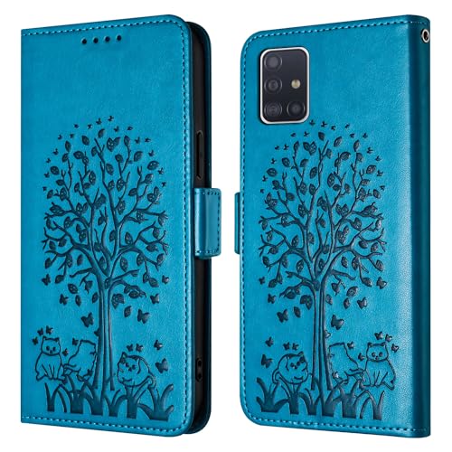 Feyten für Samsung Galaxy A71 4G Hülle,PU Leder Tasche Flip Case Lederhülle Schutzhülle, Vintage Katze und Baum Handyhülle für Samsung A71 4G (Blue) von Feyten