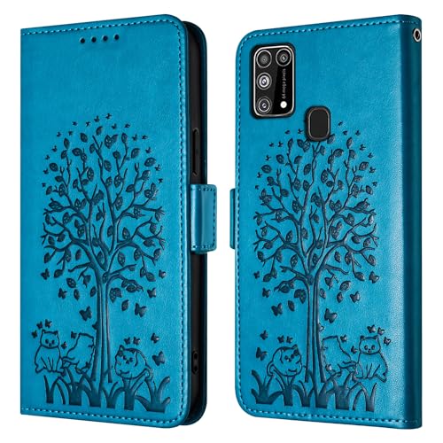 Feyten für Samsung Galaxy M31 Hülle,PU Leder Tasche Flip Case Lederhülle Schutzhülle, Vintage Katze und Baum Handyhülle für Samsung M31 (Blue) von Feyten