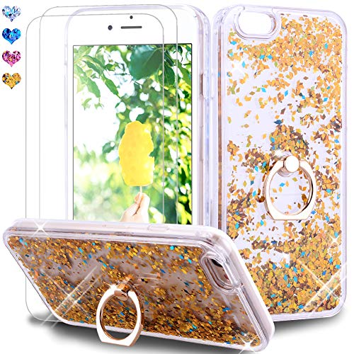 Feyten iPhone 6S/ iPhone 6 Hülle mit Displayschutz [2 Stück], Glitzer Flüssig Treibsand Fließend Glitter Quicksand Schutzhülle Handyhülle mit Ring 360 Grad Ständer (Gold) von Feyten