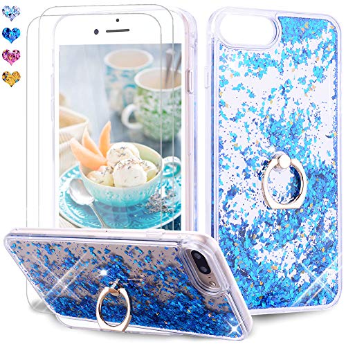 Feyten iPhone 8 Plus/iPhone 7 Plus Hülle mit Displayschutz [2 Stück], Glitzer Flüssig Treibsand Fließend Glitter Quicksand Schutzhülle Handyhülle mit Ring 360 Grad Ständer (Blau) von Feyten